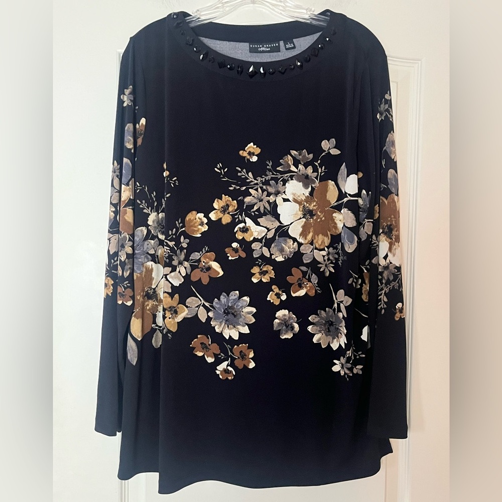 Susan Graver Black Floral Jewel-Neck Long Sleeve Blouse